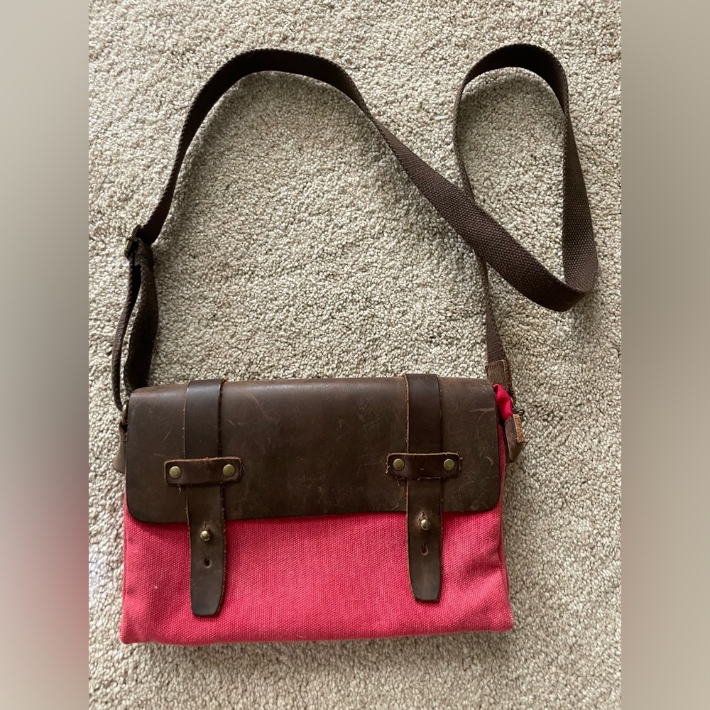 Red Canvas and brown leather purse purchased in the Provence region of France.